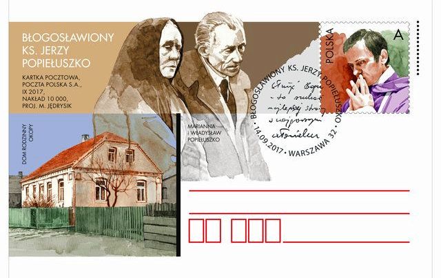 Kartka pocztowa „Błogosławiony ks. Jerzy Popiełuszko” z okazji 70-lecia urodzin ks. Jerzego